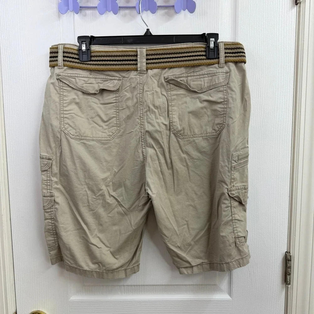 Iron Co. men's tan cargo pocket cotton stretch belted shorts casual neutral 38